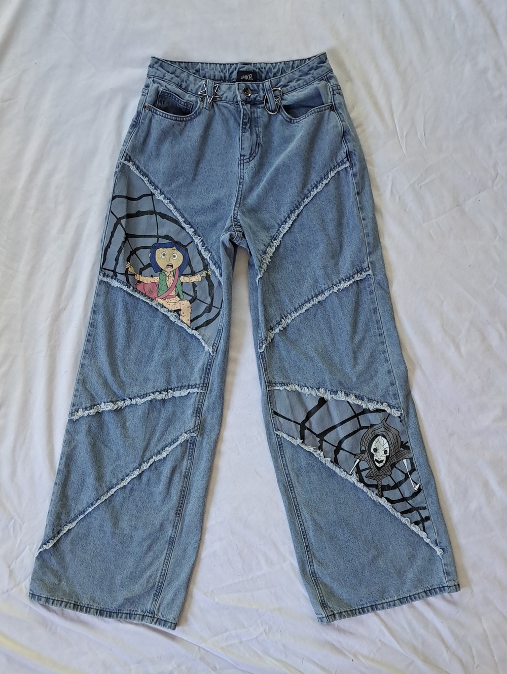 Coraline LAIKA Spiderweb Graphic Patchwork Light Blue Wide Leg Jeans Whimsigoth